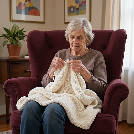 Elderly Woman Knitting Cozy Blanket