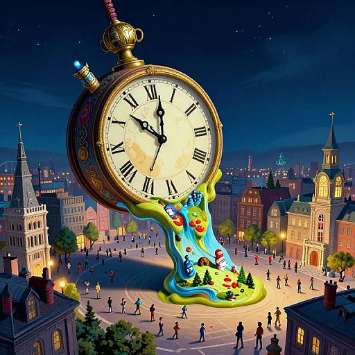 Giant, ornate clock with melting, colorful face stands in a bustling city square at night, people walking below. Digital art.