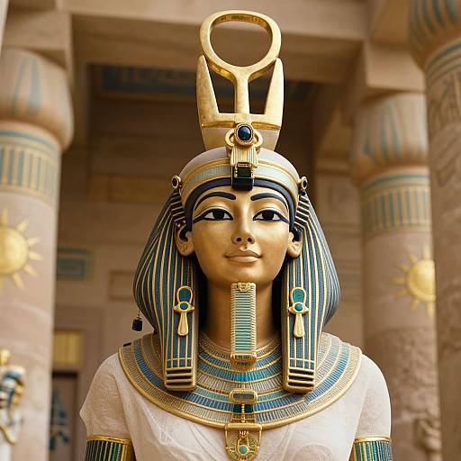 Digital artwork of an ancient Egyptian woman with gold headdress, striped blue and black hair, white dress, and turquoise jewelry, standing in front of a