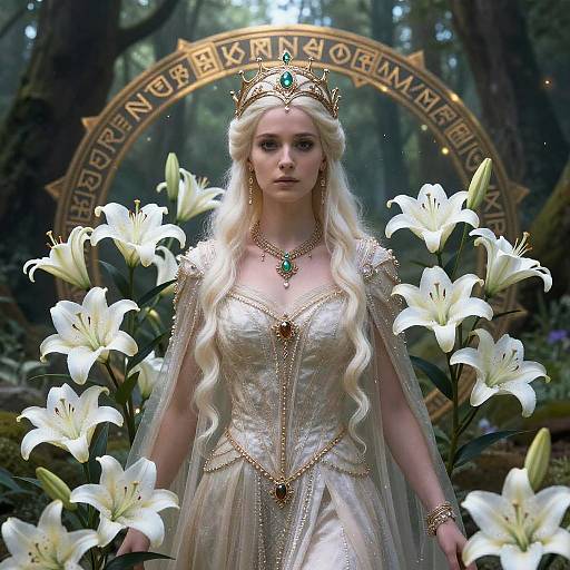 Digital fantasy artwork of a blonde queen with a golden crown, white lily-adorned gown, and green necklace, standing in a forest. 
