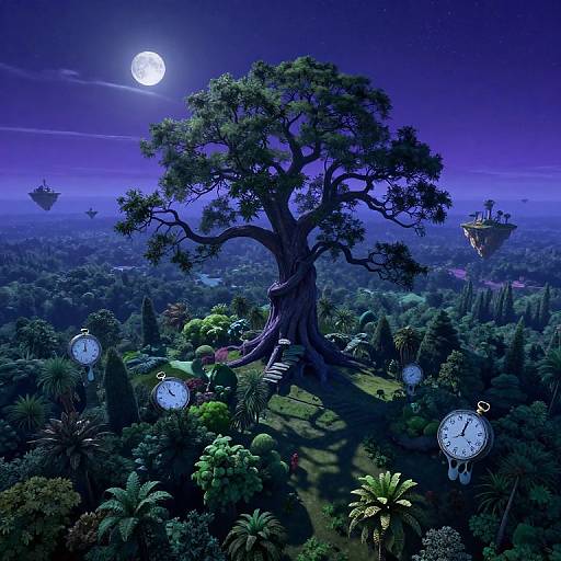 Digital art: A towering, twisted tree in a lush, moonlit jungle with floating clocks, under a full moon, surrounded by dense foliage and futuristic