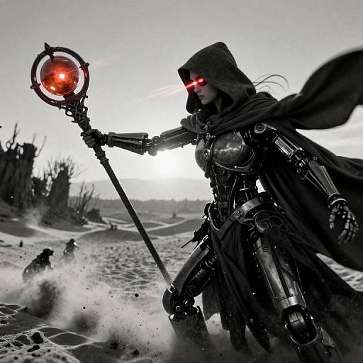 Cyborg warrior with glowing red eyes, holding a red orb staff, in a snowy desert landscape, clad in dark, futuristic armor.