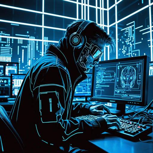 Cybernetic Hacker in Neon Blue Circuitry Room