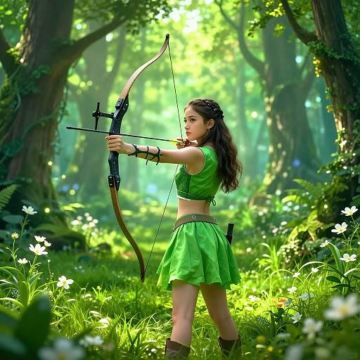 A young woman with long brown hair, wearing a green crop top and skirt, stands in a sunlit forest, drawing a bow with a focused expression