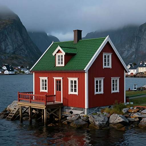 Photograph of a vibrant red, green-roofed house on a rocky waterfront, with misty mountains and small white houses in the background.