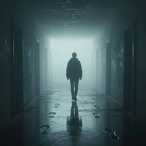 Photograph: Silhouetted figure in dark coat walks down a foggy, dimly lit, graffiti-covered hallway with wet, reflective floor.