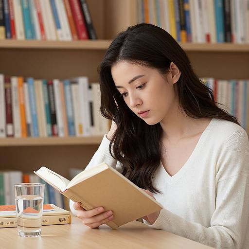Photograph of an Asian woman with long black hair, wearing a white sweater, reading a book in a library, with glass of water and stacked books