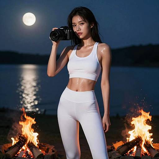 Woman in White Sportswear Holding Camera by Campfire at Night