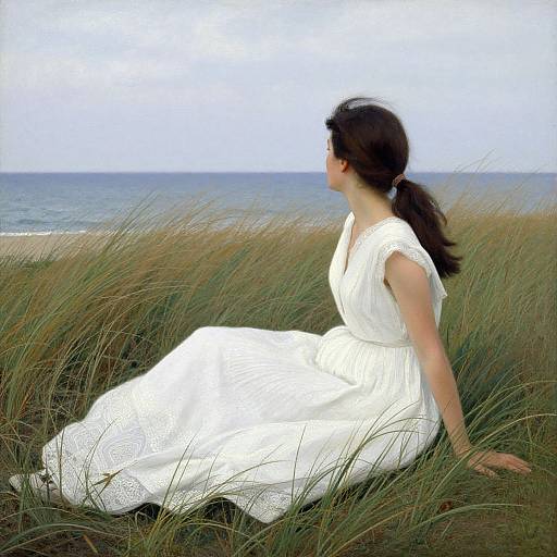 Photograph of a woman with dark hair in a ponytail, wearing a white, sleeveless dress, sitting in tall grass by a calm ocean.