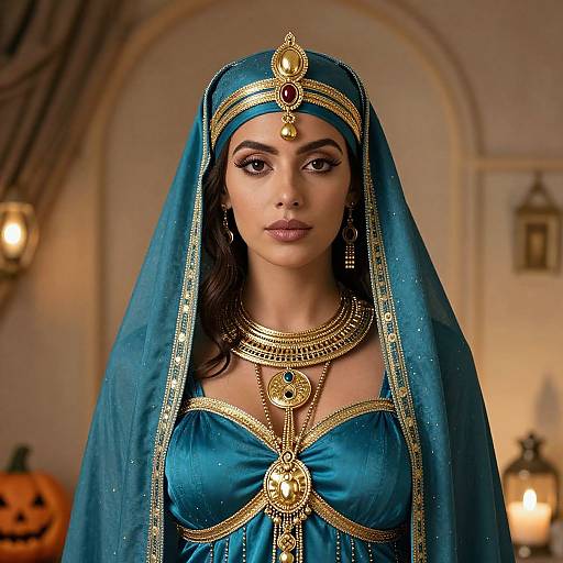 Photograph of a woman in an ornate, teal, gold-embellished traditional Middle Eastern outfit with a veil, intricate jewelry, and a