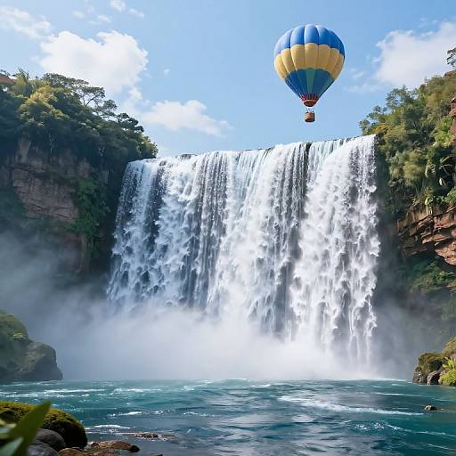 Photograph of a majestic waterfall with vibrant blue and yellow hot air balloon hovering above, surrounded by lush greenery and mist.