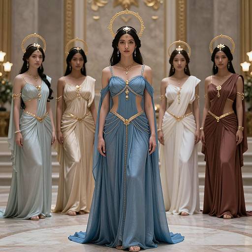 Photograph of five women in ancient Greek-inspired gowns with gold halos, standing in an ornate, marble-floored hall; central woman