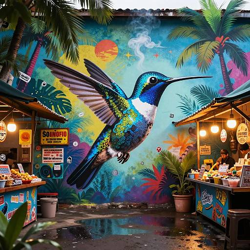 Vibrant street mural of a colorful hummingbird mid-flight, surrounded by palm trees and market stalls, illuminated by warm lights.
