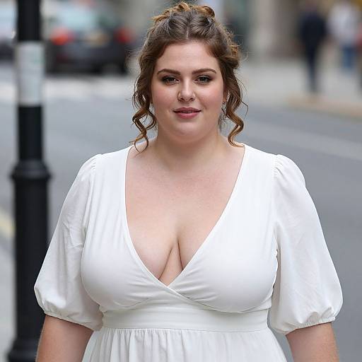 Photograph of a plus-size woman with fair skin, brown curly hair in an updo, wearing a low-cut white dress, standing on a city