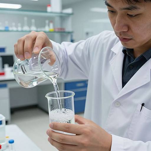 Photograph of an Asian male scientist in a white lab coat pouring clear water from a glass beaker into a glass cylinder in a brightly lit laboratory.