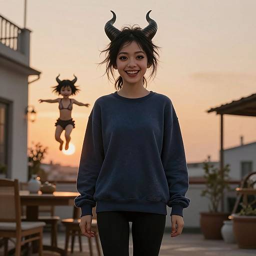 Photograph of an Asian woman with black horns, messy black hair, smiling, wearing a blue sweatshirt and black pants, standing on a rooftop at