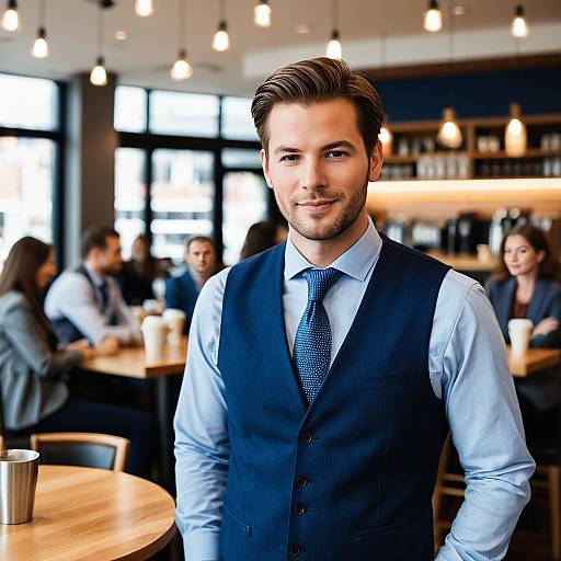 Confident Man in Navy Blue Suit at Modern Café
