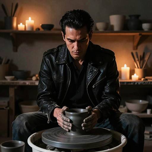 Photograph of a concentrated man with dark hair, leather jacket, and black shirt, shaping a clay pot on a spinning wheel, surrounded by lit candles