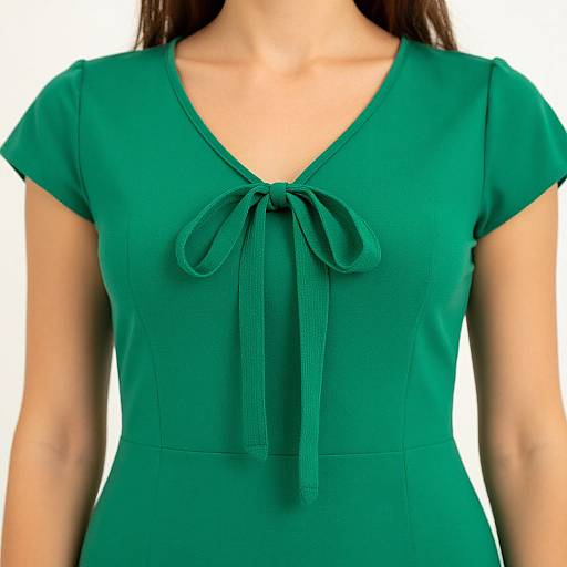 Photograph of a woman's upper body wearing a green, short-sleeved, V-neck dress with a bow tie detail centered on the chest.