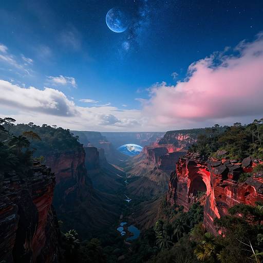 Digital artwork of a breathtaking canyon landscape at twilight, featuring a glowing full moon, vibrant red cliffs, lush greenery, and a distant glowing planet in