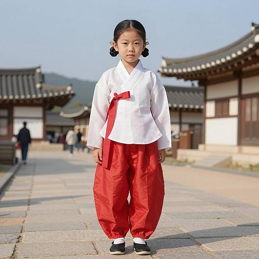 Asian Girl in Traditional Korean Hanbok Outdoors