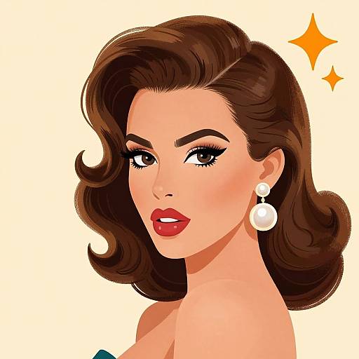 Digital illustration of a glamorous woman with voluminous brown hair, red lipstick, white pearl earrings, and sparkling eyes on a white background.