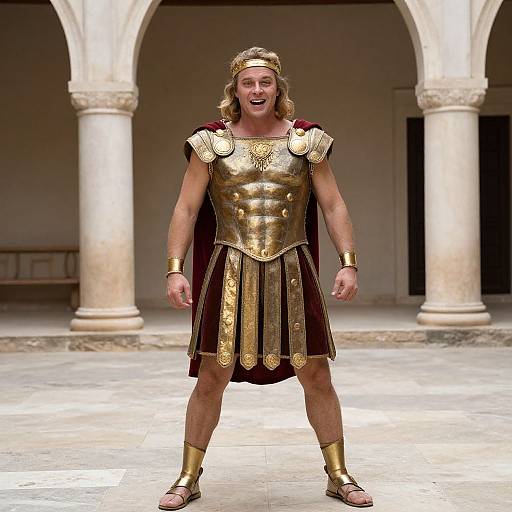 Photograph of a smiling, blond, muscular man in ancient Roman armor with gold breastplate, red cape, and sandals, standing in a marble-column