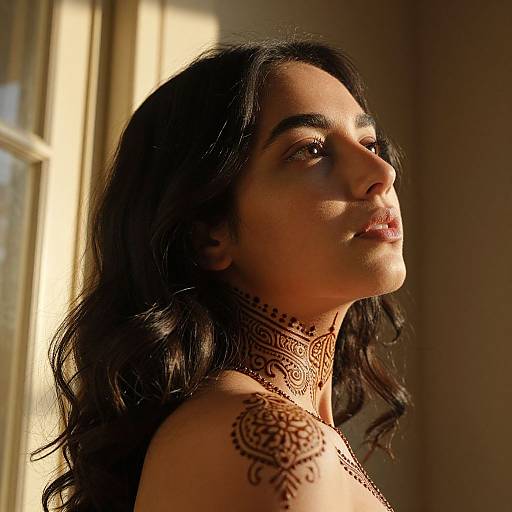 Photograph of a woman with long, wavy black hair, dark brown skin, and intricate henna designs on her neck and shoulder, standing in