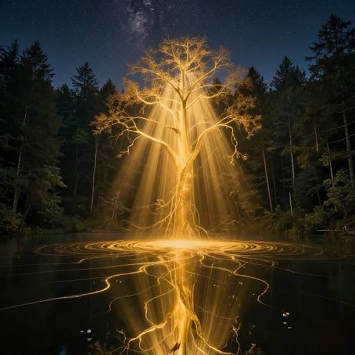 Photograph of a glowing, electric tree with bright yellow, lightning-like branches standing in a dark forest, reflecting on a calm lake under a starry