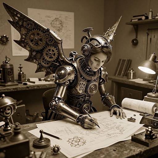 Sepia-toned photograph of a steampunk female robot with gears and wings, meticulously drawing on paper in an industrial workshop.