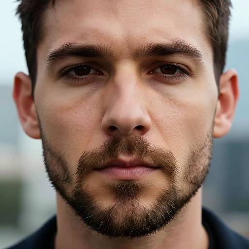 Close-up photograph of a young man with light skin, brown eyes, short dark hair, and a trimmed beard, wearing a black shirt, with a