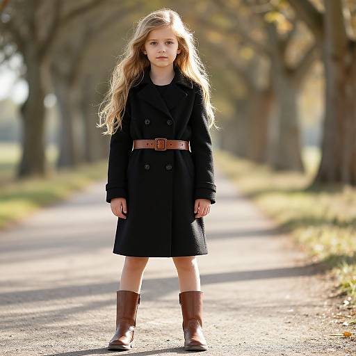 Photograph of a young blonde girl with long hair, wearing a black coat, brown belt, and brown boots, standing on a sunlit, tree
