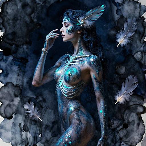 Ethereal Woman with Turquoise Body Paint and Feathers