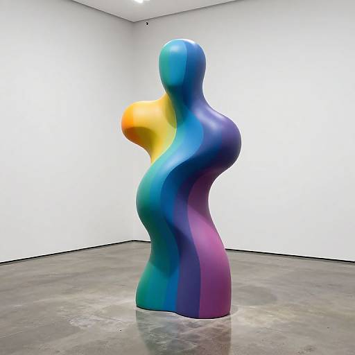 Photograph of a colorful, abstract, humanoid sculpture with smooth, flowing curves and gradients in blue, green, yellow, and purple, standing in a