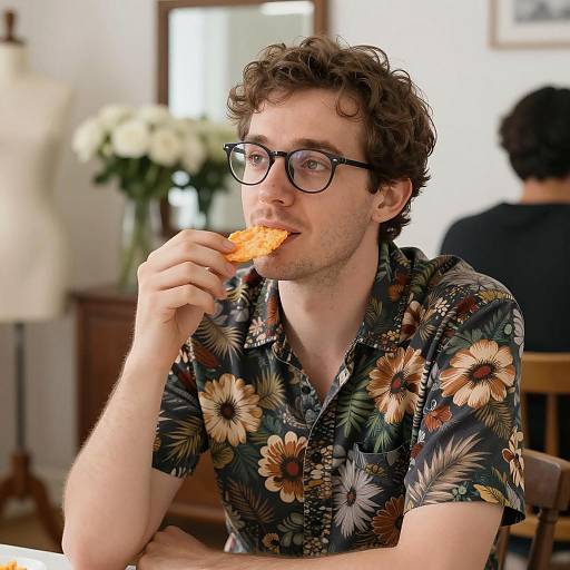 Man in Floral Shirt with Snack Indoors