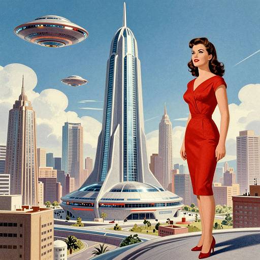 Vintage-style digital illustration of a curvy woman in a red dress standing on a rooftop, with futuristic cityscape, tall skyscrapers, UFOs