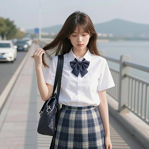 Asian Schoolgirl on Sunlit Bridge