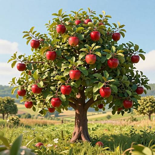 Photograph of a sunlit apple tree with vibrant red apples, lush green leaves, and a clear blue sky in the background.