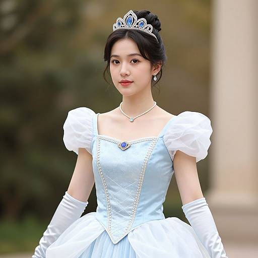 Photograph of an Asian woman with fair skin, black hair in an updo, wearing a silver tiara, white puffed-sleeve princess