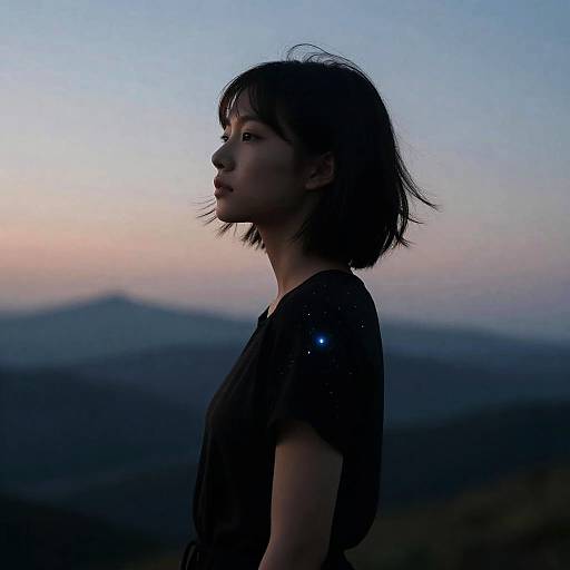 Photograph of a young Asian woman with short black hair, wearing a black shirt, silhouetted against a twilight mountain landscape.