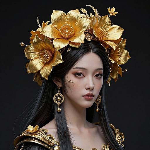 Digital art of an Asian woman with pale skin, long black hair, wearing a gold flower crown, ornate earrings, and golden armor against a black