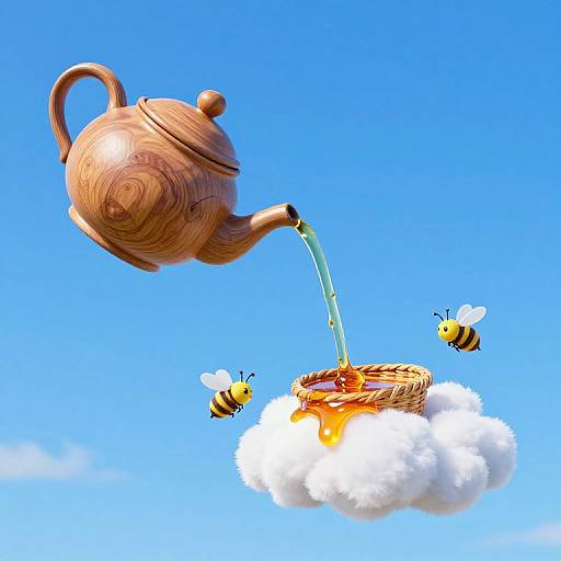 Digital illustration of a wooden teapot pouring tea onto a wicker basket on a white cloud, with four buzzing bees in a bright blue sky.