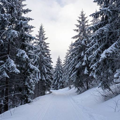 Photograph of a snowy forest path flanked by tall, snow-covered evergreen trees under a cloudy, white sky.