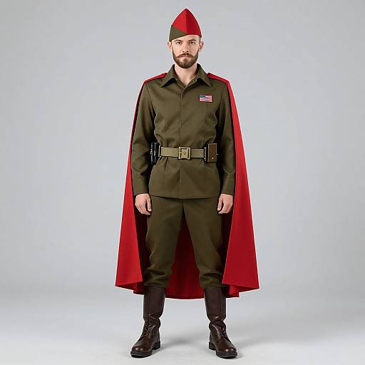 Photograph of a bearded man in a dark green military uniform, red cape, and red hat, standing against a plain white background.