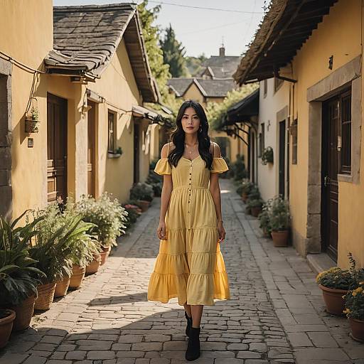 Woman in Yellow Sundress Walking on Quaint Cottage Street