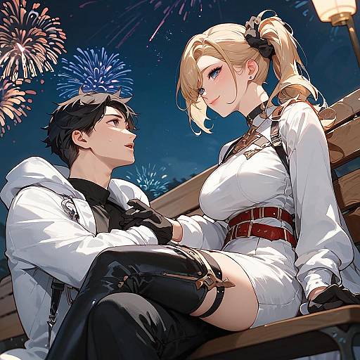 Fireworks Stargazing: Anime Couple on Bench