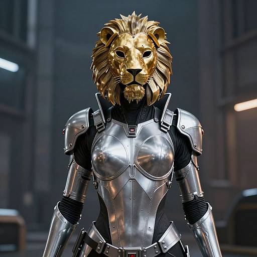 Digital art of a humanoid lion with a golden mane wearing shiny, metallic armor in a dimly lit, futuristic setting.