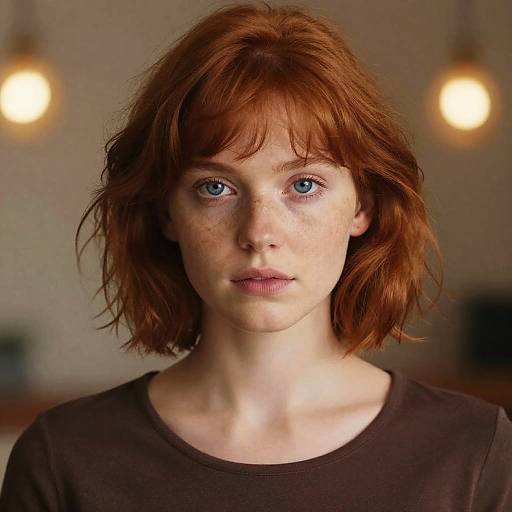 Photograph of a young white woman with red, shoulder-length, wavy hair, blue eyes, and freckles, wearing a dark brown shirt