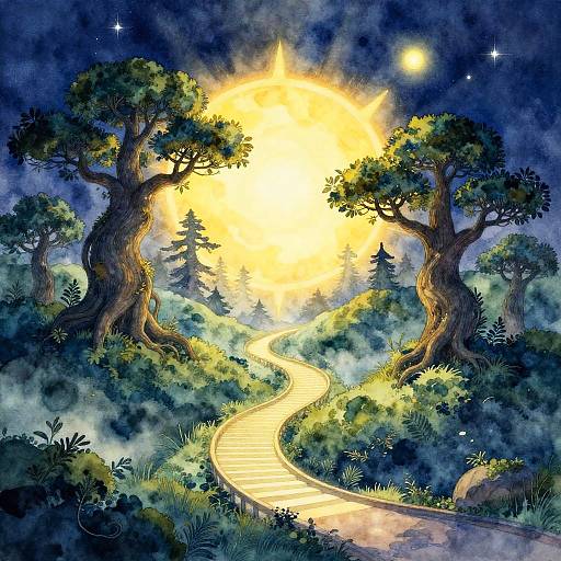 Glowing Staircase in Enchanted Forest