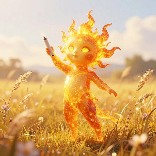 Photograph of a fiery, humanoid creature with bright orange flames for a body, standing in a sunlit meadow with golden grass and wildflowers,